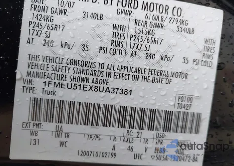 2008 Ford Explorer Sport Trac Xlt из США, поврежденный, VIN 1FMEU51EX8UA37381